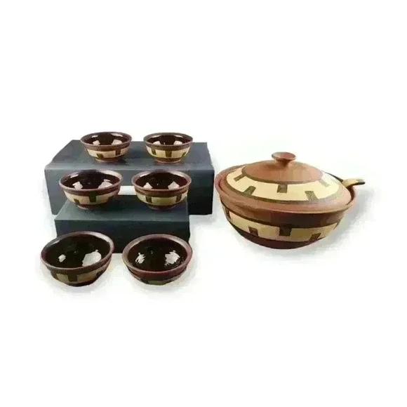 Hand Thrown Art Pottery Soup Tureen & Bowls Gabane, Botswana African Tribal Art - Picture 1 of 11